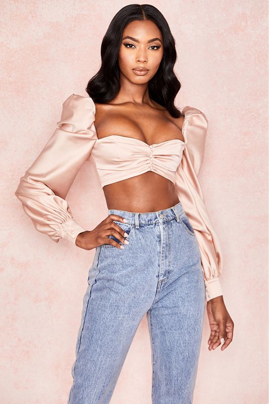 Pink House Of Cb Satin Puff Sleeve Bras | QSY-983154