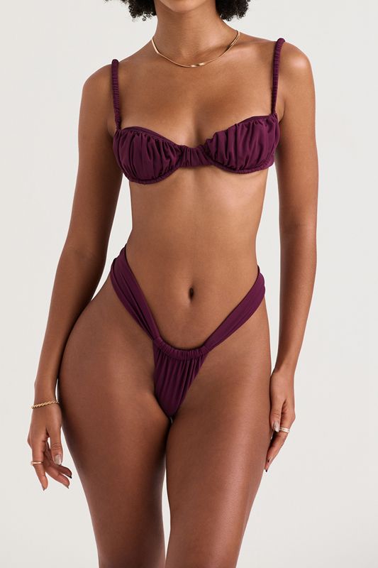 Purple House Of Cb Gathered High Leg Bikini Bottoms | KAX-285703