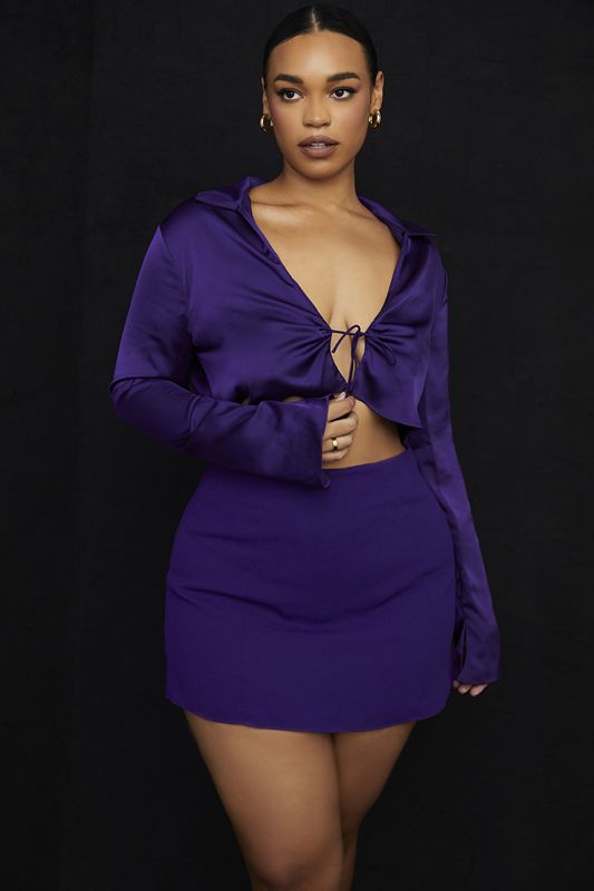 Purple House Of Cb Satin Cropped Tie Front  Cardigan | KTF-723941