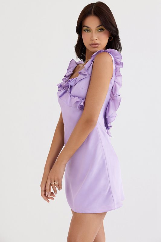 Purple House Of Cb Satin Ruffle Mini Dress | AXF-129437