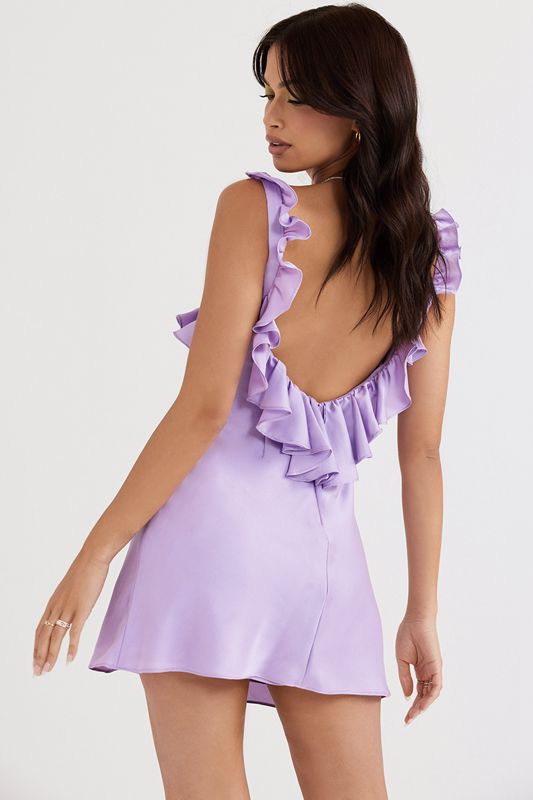 Purple House Of Cb Satin Ruffle Mini Dress | AXF-129437