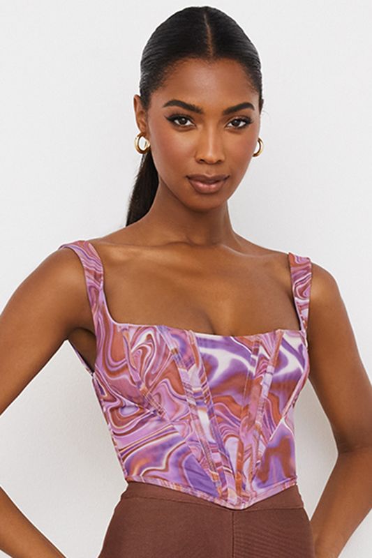 Purple House Of Cb Swirl Print Mesh Bodysuit | HCZ-642978