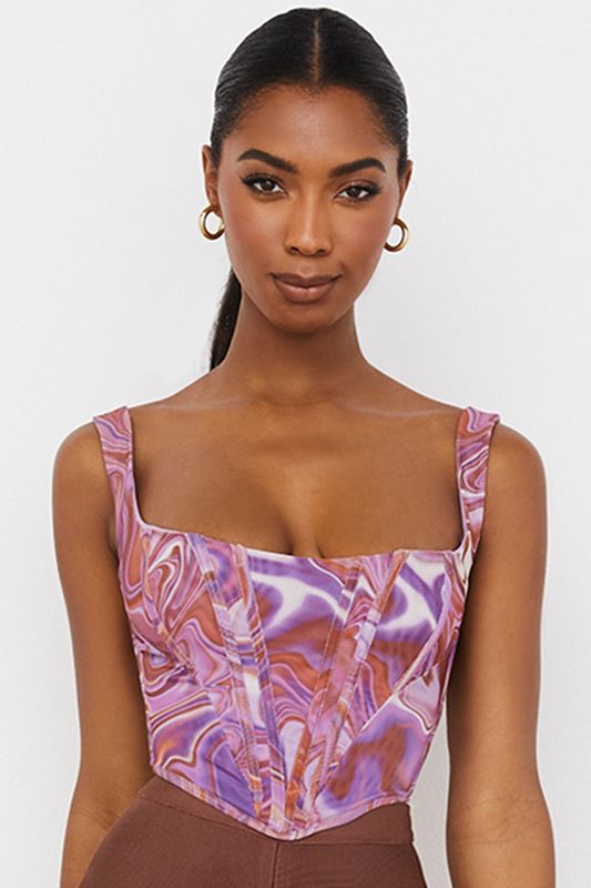 Purple House Of Cb Swirl Print Mesh Bodysuit | HCZ-642978