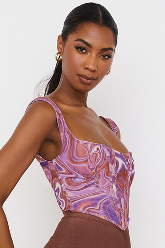 Purple House Of Cb Swirl Print Mesh Bodysuit | HCZ-642978