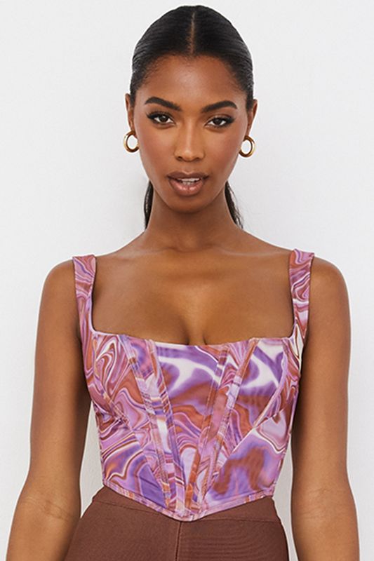 Purple House Of Cb Swirl Print Mesh Bodysuit | HCZ-642978