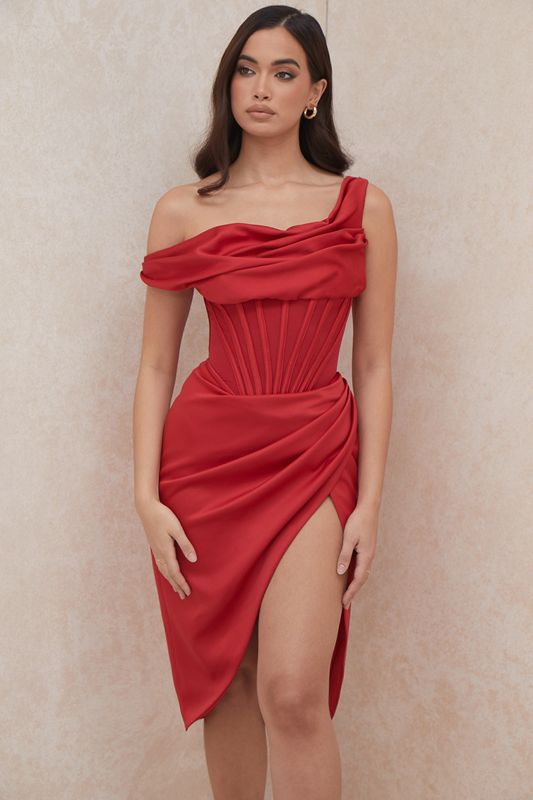 Red House Of Cb Asymmetric Drape Midi Dress | TBY-068173