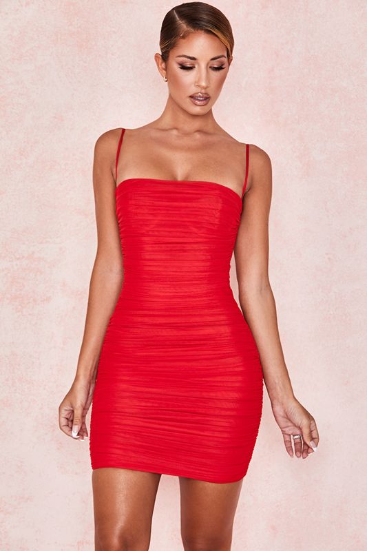 Red House Of Cb Gathered Mesh Mini Dress | OSJ-032765