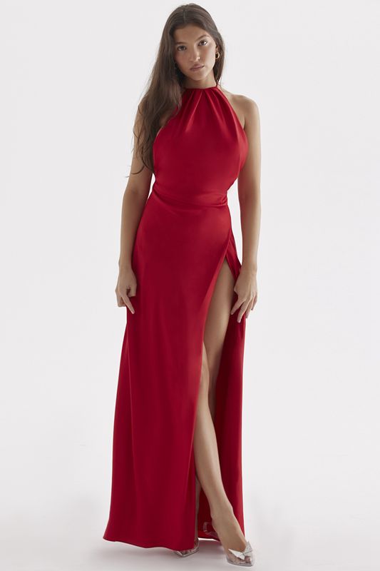 Red House Of Cb Rose Thigh Slit Maxi  Dress | AQJ-086231