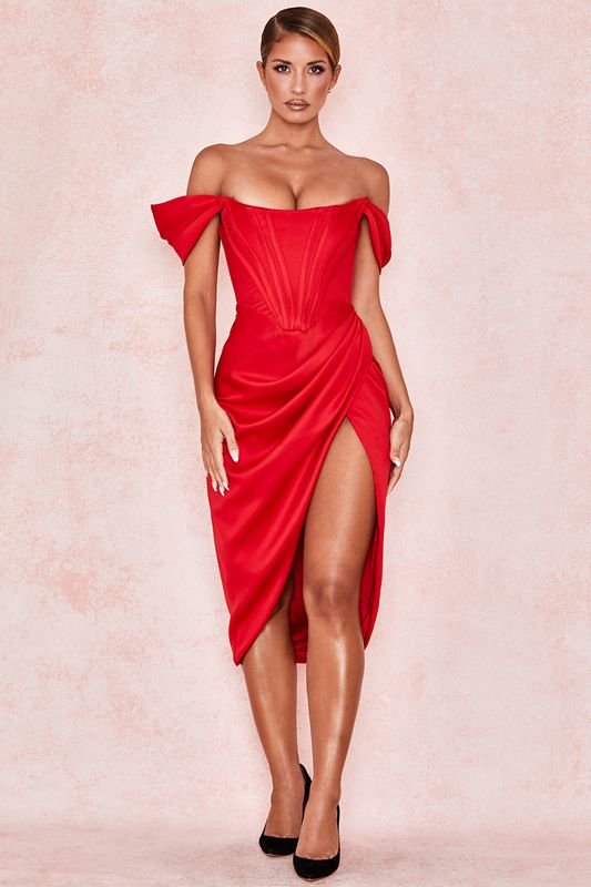 Red House Of Cb Satin Off Shoulder Dress | MGW-294516