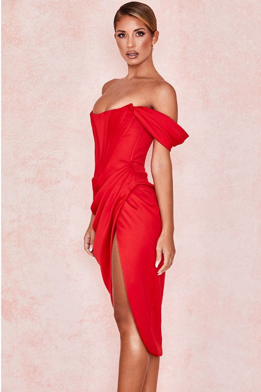 Red House Of Cb Satin Off Shoulder Dress | MGW-294516