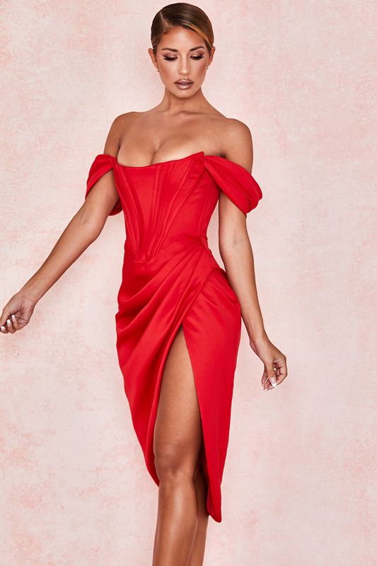 Red House Of Cb Satin Off Shoulder Dress | MGW-294516