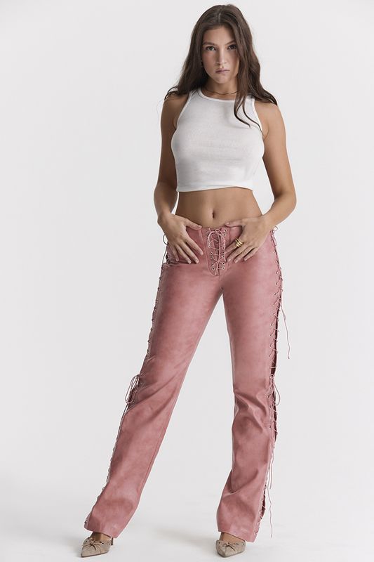 Rose House Of Cb Pink Vegan Leather Lace Ups Pants | PKT-628073