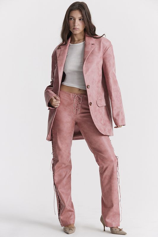 Rose House Of Cb Pink Vegan Leather Oversized  Blazer | MLI-570894