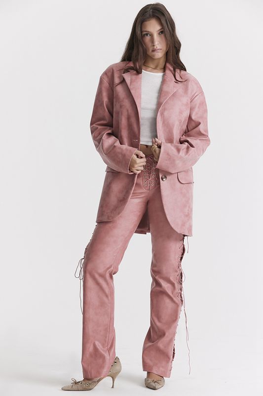 Rose House Of Cb Pink Vegan Leather Oversized  Blazer | MLI-570894