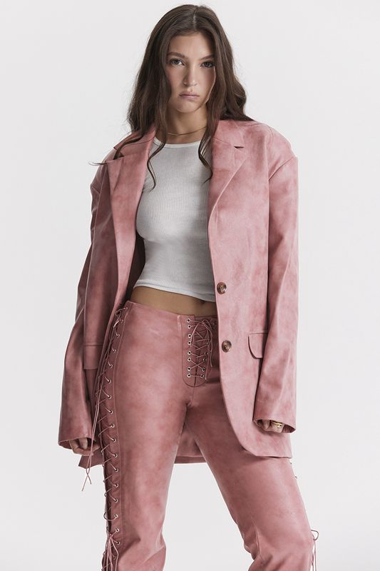 Rose House Of Cb Pink Vegan Leather Oversized  Blazer | MLI-570894