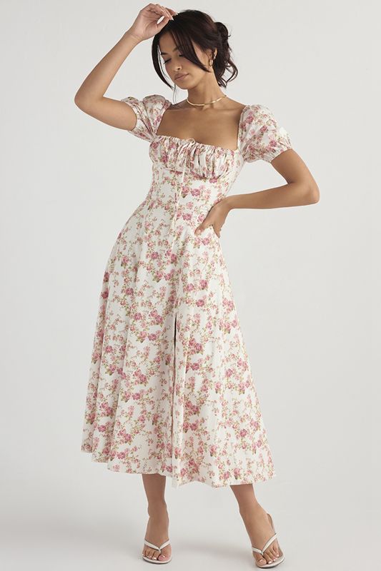 Rose House Of Cb Print Puff Sleeve Midi  Dress | DTE-947253