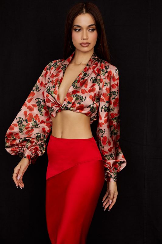 Rose House Of Cb Print Satin Plunge Tops | AKT-234796