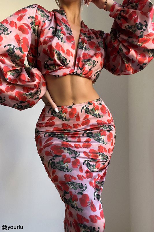 Rose House Of Cb Print Satin Plunge Tops | AKT-234796