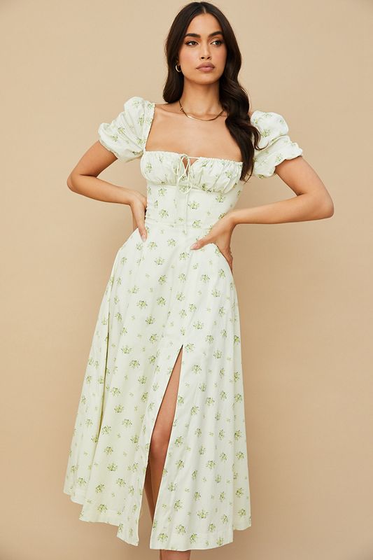 White House Of Cb Floral Puff Sleeve Midi Dress | AQM-172593