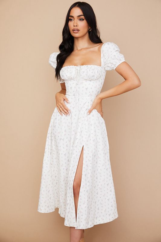 White House Of Cb Floral Puff Sleeve Midi Dress | CSZ-374960