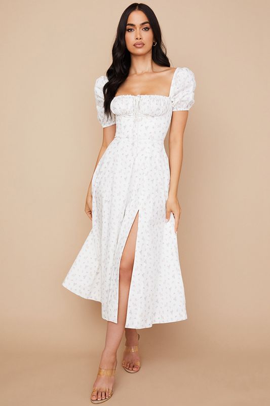 White House Of Cb Floral Puff Sleeve Midi Dress | CSZ-374960