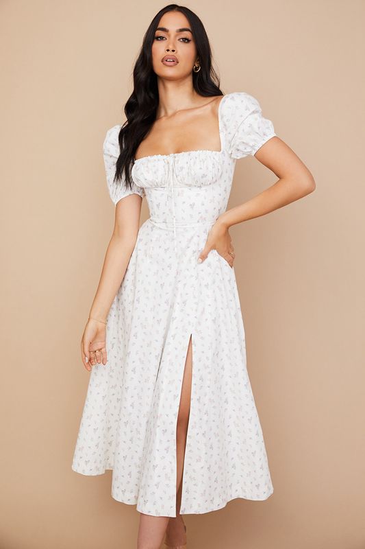 White House Of Cb Floral Puff Sleeve Midi Dress | CSZ-374960