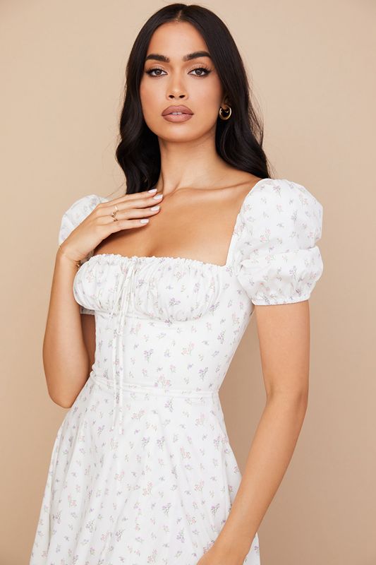 White House Of Cb Floral Puff Sleeve Midi Dress | CSZ-374960