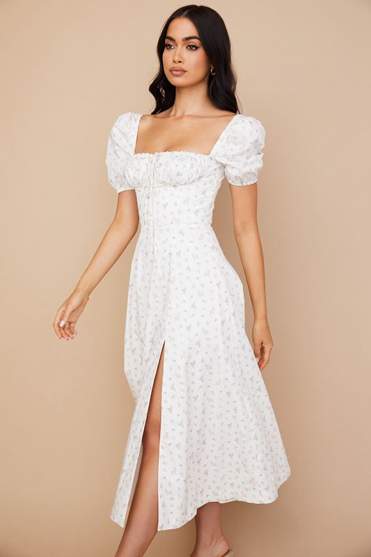 White House Of Cb Floral Puff Sleeve Midi Dress | CSZ-374960