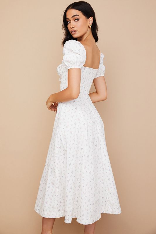 White House Of Cb Floral Puff Sleeve Midi Dress | CSZ-374960