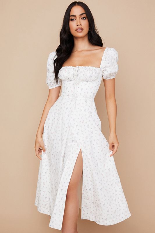 White House Of Cb Floral Puff Sleeve Midi Dress | CSZ-374960