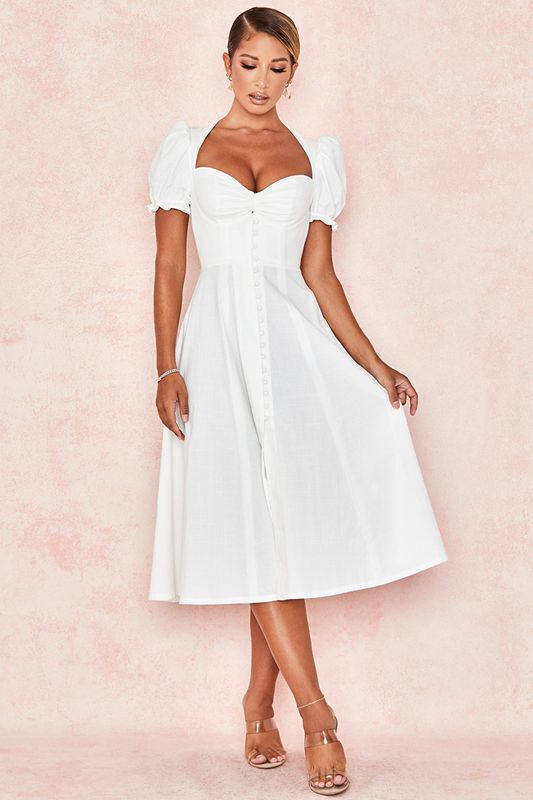 White House Of Cb Linen Blend Puff Sleeve Midi Dress | FRC-592340