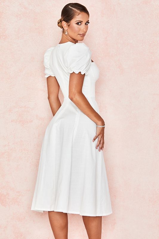 White House Of Cb Linen Blend Puff Sleeve Midi Dress | FRC-592340