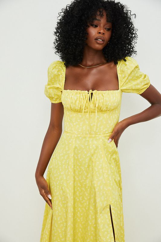 Yellow House Of Cb Floral Puff Sleeve Midi Dress | DER-604952