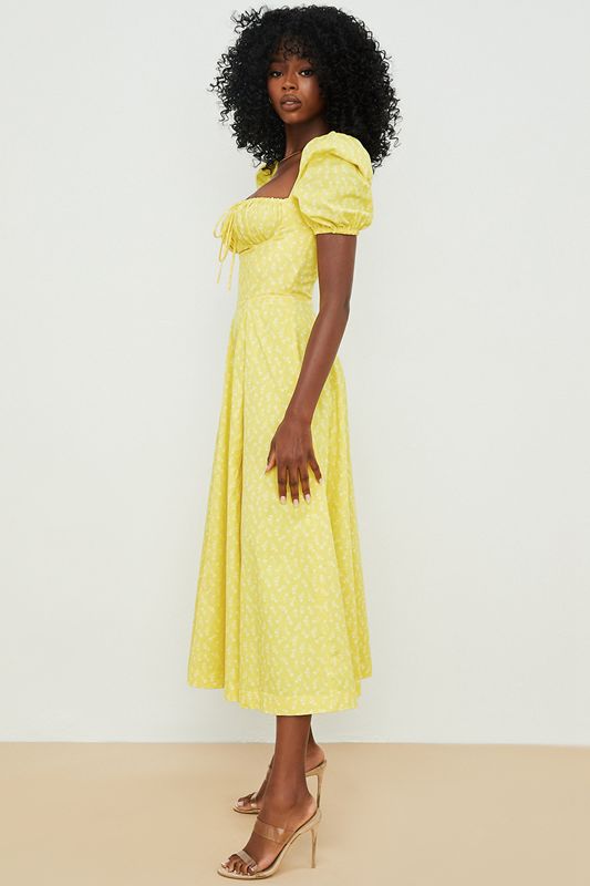 Yellow House Of Cb Floral Puff Sleeve Midi Dress | DER-604952