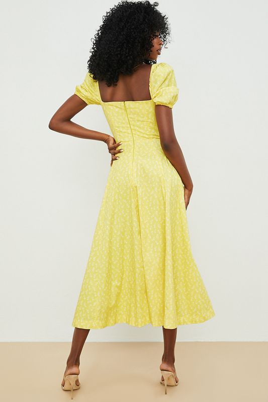 Yellow House Of Cb Floral Puff Sleeve Midi Dress | DER-604952